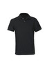 A black short sleeve polo shirt with a collar and buttons, featuring a contrasting inner collar.