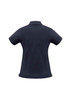 A women's short sleeve polo shirt in navy blue with a classic collar and a logo.