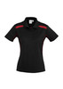 A black women's polo shirt with red accent stripes and a collar. It features a logo on the chest area.