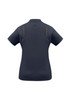 A women's short sleeve polo shirt in dark grey, featuring a branding logo on the back.