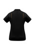 A black women's short sleeve polo shirt with a streamlined design and contrasting details. Features a logo.
