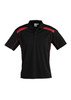 A black short sleeve polo shirt featuring red accents and a logo on the chest.
