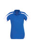 A blue women's short sleeve polo shirt with white accents and a logo.
