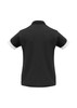 A black women's polo shirt with white accents on the sleeves and a small branding logo.