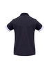 A black short sleeve polo shirt with white trim and a logo on the back.