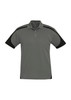 A grey short sleeve polo shirt with black accents and a logo on the chest area.
