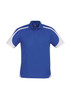 A blue short sleeve polo shirt with white accents and a logo on the chest.