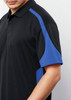 A black polo shirt with blue accents, featuring a collar and short sleeves. The shirt has a logo on it.
