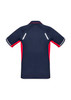 A navy and red short sleeve polo shirt with reflective detailing and a logo on the back.
