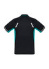 A black and teal short sleeve polo shirt featuring reflective detailing and a logo on the back.