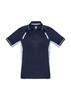 A men's short sleeve polo in navy blue with light grey side panels and a logo.