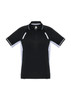 A black short sleeve polo shirt with grey side panels and a logo on the collar.