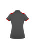 A grey women's polo shirt with red accents on the collar and sleeves, featuring a logo.