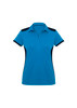 A women's polo shirt in vibrant blue, featuring black side panels and a collar. It has a logo on the chest.