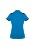 A blue women's polo shirt featuring navy accents on the shoulder and collar, with a logo on the front.