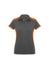 A women's short sleeve polo shirt in grey with orange accents and a logo.