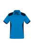 A blue and navy short sleeve polo shirt with a collar and a logo.