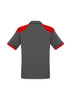 A grey short sleeve polo shirt with red shoulder and sleeve accents. Includes a logo on the chest area.