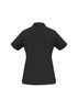 A black women's polo shirt with a short sleeve and a collar, featuring a logo on the back.