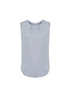 A light blue sleeveless blouse featuring pleat detail at the front and a rounded neckline. Designed with a smooth finish.