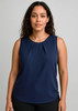 A navy sleeveless blouse featuring pleat detail, displayed on a model against a light grey background.