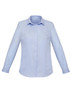 A light blue women's long sleeve button-up shirt with a classic collar and a subtle logo.