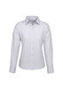A long sleeve button-up shirt in light grey, featuring a collar and a front placket with buttons. It has a logo.