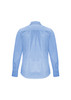 A light blue women's long sleeve button-up shirt featuring a back pleat and cuffs. It has a logo on the shirt.