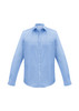A light blue long-sleeve button-up shirt with a collar and a logo on the label.