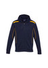 A navy hoodie with yellow trim and a front zip, featuring a hood and two side pockets.