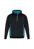 A unisex hoodie in black with teal accents and a front zip. It features a hood and a logo on the label.