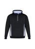 A black unisex hoodie with white side panels and a front zipper. It features a hood and has a logo.