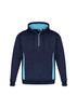 Unisex navy hoodie with light blue side panels and a zippered collar. Features a drawstring and a logo.