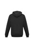 A black men's crew zip hoodie featuring a hood and long sleeves, with a logo on the back.