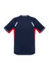 A navy blue short sleeve tee with red accents and reflective details on the shoulders. It features a logo.