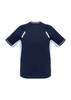 A dark navy short sleeve tee with light blue accents and reflective detailing on the shoulders. It features a logo.
