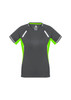A women's short sleeve tee featuring a grey body with bright green accents and reflective stripes. It has a logo.