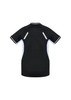 A black women's short sleeve tee featuring blue accents and a logo on the back.