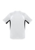 A short sleeve tee featuring a white body with black accents and a logo on the back.