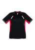 A black short sleeve tee with red accents and contrasting details, featuring a logo.