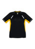 A black and yellow short sleeve men's tee with reflective accents and a logo.