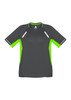 A short sleeve tee in charcoal grey with vibrant lime green accents and reflective detailing, featuring a logo.