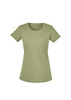 A light olive green women's t-shirt with short sleeves and a rounded neckline. It features a logo on the front.