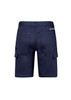 Men's navy shorts featuring cargo pockets and an elastic waistband. The back view highlights the design and logo.