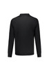A black long sleeve polo shirt featuring a collar and a logo on the back.
