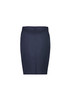 A mid-waist pencil skirt in navy blue with a fitted silhouette and a concealed zip at the back.