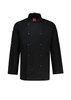 A black long sleeve chef jacket with a button-up front and a logo on the sleeve.