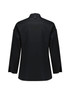 A black women's long sleeve chef jacket featuring a standard collar and a back button detail, with a logo present.