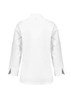A white long sleeve chef jacket with a classic collar and side slits, featuring a logo on the back.
