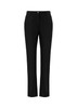 A pair of black women's slacks with a sleek design and a logo on the waistband.